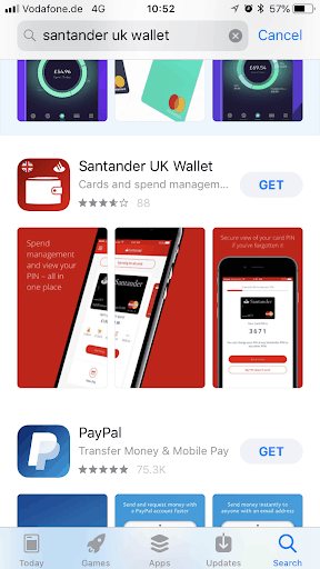 Santander UK wallet in App Store